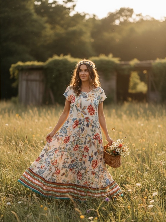 Soft Surroundings Dresses & Skirts - Soft Surroundings Tiered Maxi Dress Cream Floral Print Boho Cottagecore Large